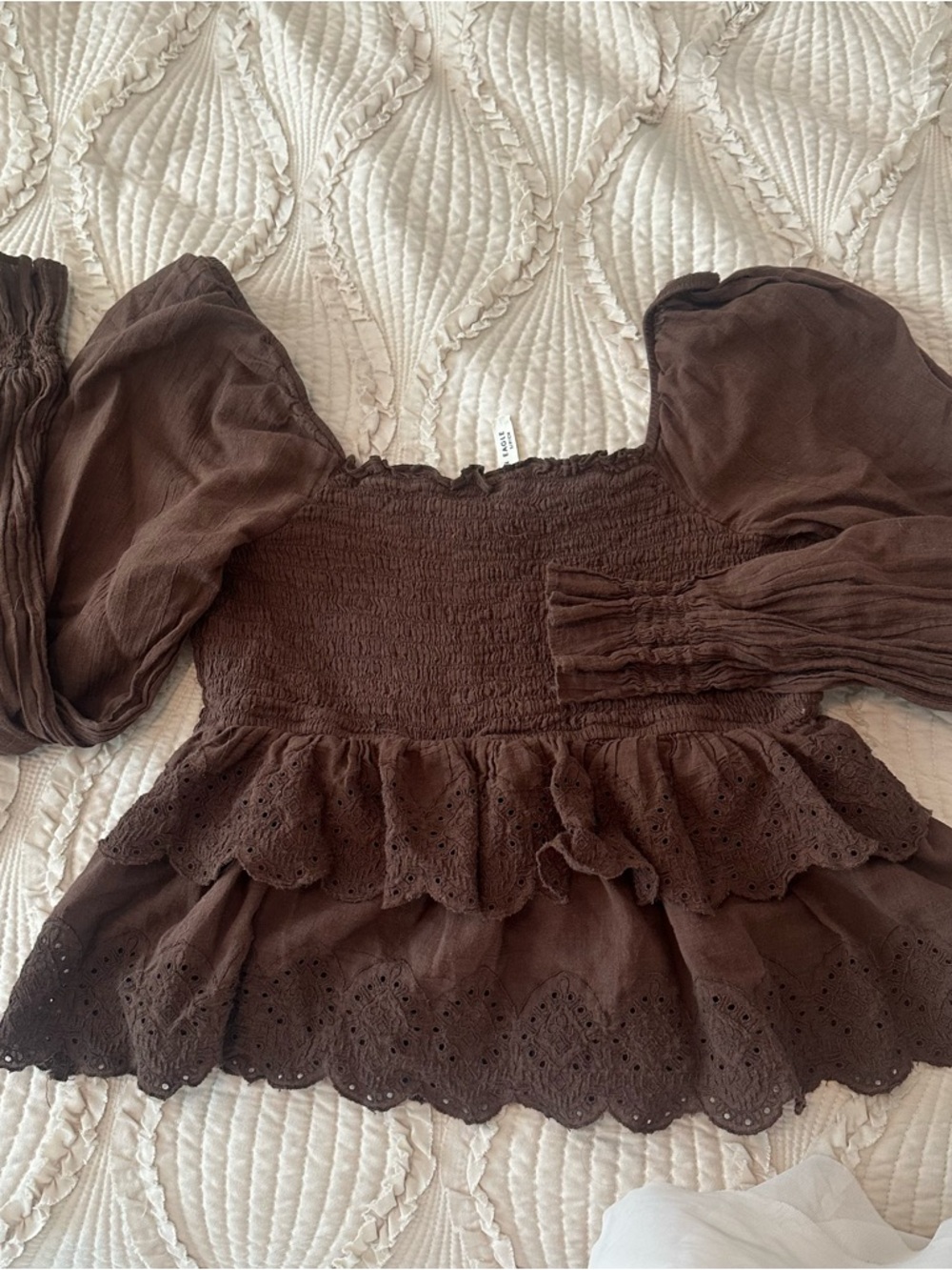 American Eagle Brown Babydoll Cotton Eyelet Smocked Long Sleeve Cottage Top Sz S